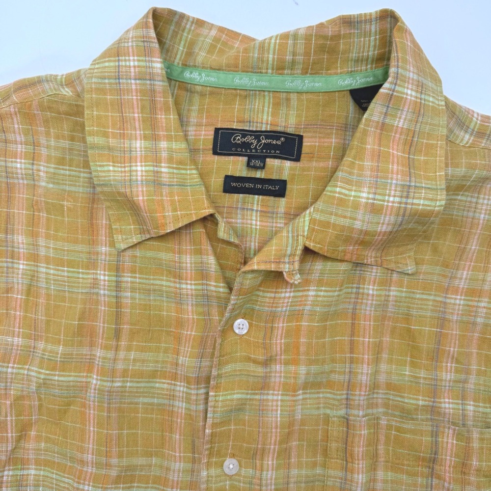 Bobby Jones Button Up Shirt Mens XXL Yellow Plaid 100% Linen Short Sleeve Italy